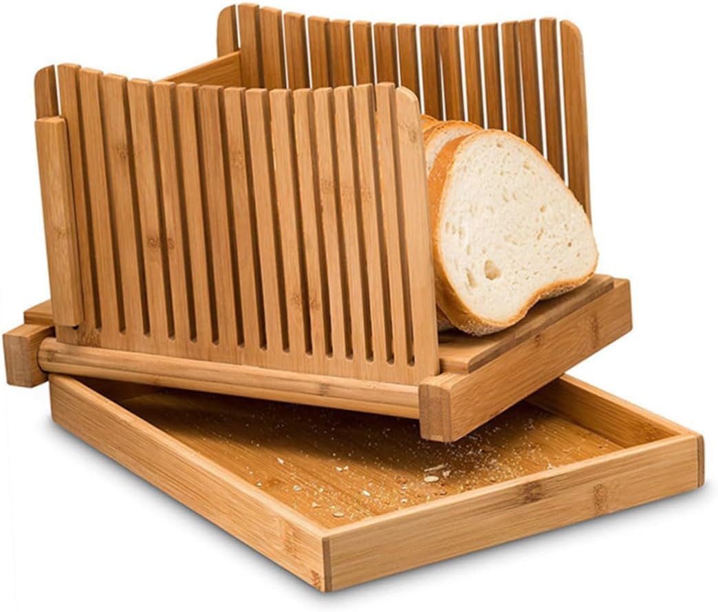 Bamboo Bread Slicer Board with Crumb Tray, Adjustable Thickness