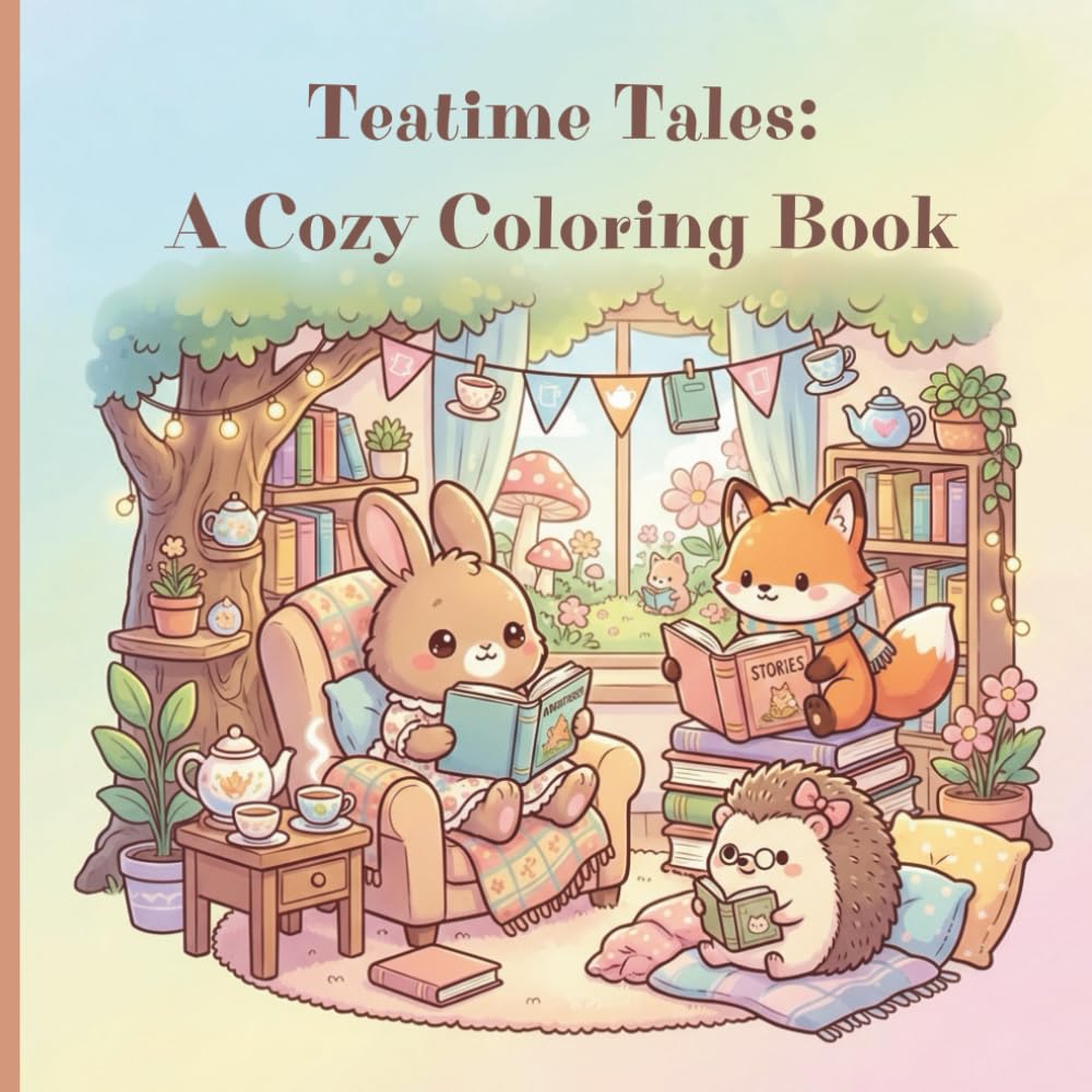 Teatime Tales: A Cozy Companion's Coloring Book: Whimsical Rabbits, Foxes, and Hedgehogs in Charming Reading Nooks"