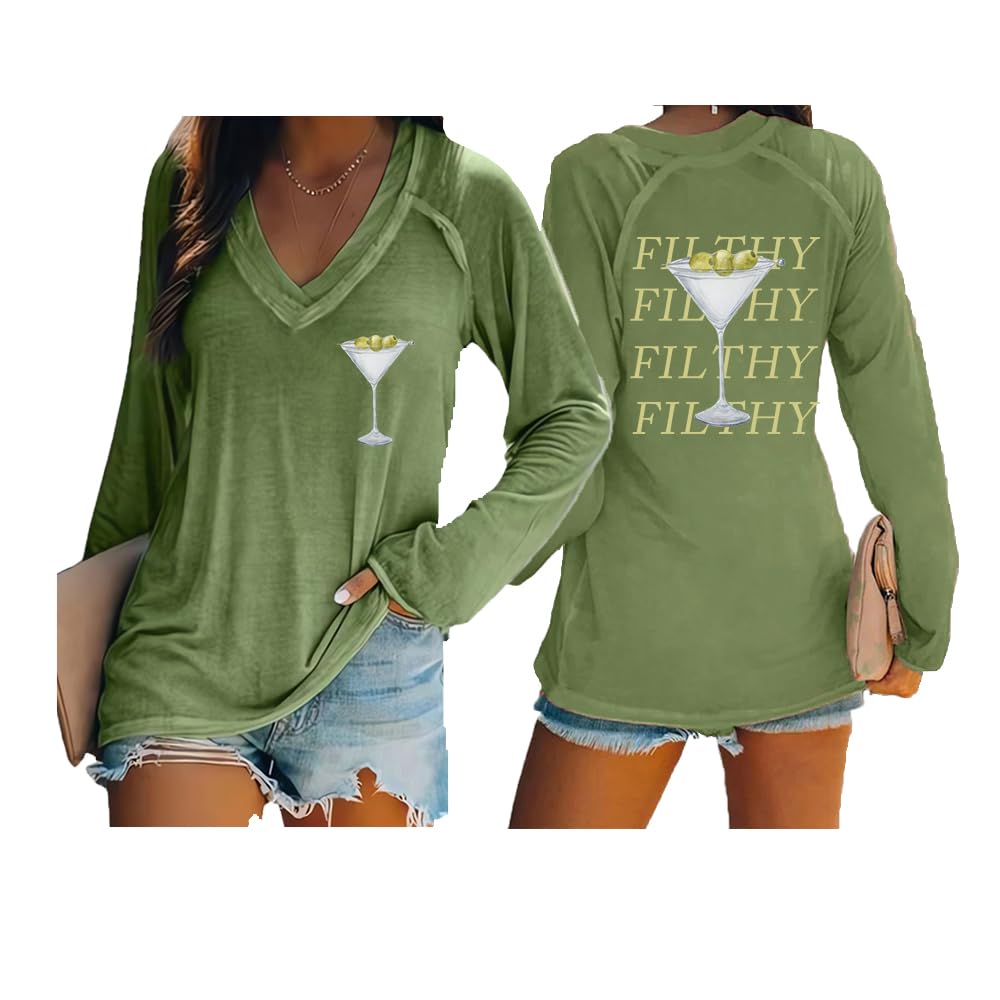 SameeFloral Dirty Martini Sweatshirt Filthy Martini Shirt Martini Shirt Cute Graphic Shirt V Neck Long Sleeve Shirt Green