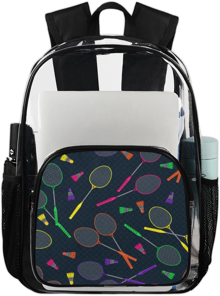 Badminton Clear Backpack Large Badminton Rackets Transparent Backpack PVC Waterproof School Bookbag Daypack Hiking Travel Casual Rucksack