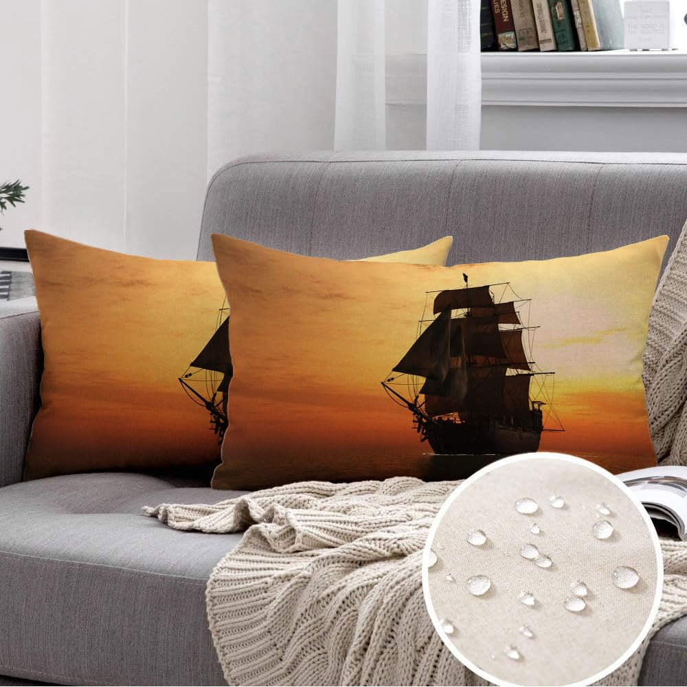 Set of 2 Lumbar Pillow Decorative Rectangle Throw Pillow Covers 12"x20" Inch Navy Tall Vintage Sailboat Vmore Sunset Nature Ship Cruise Excursion Exploration Front Maritime Pillowcase for Outdoor