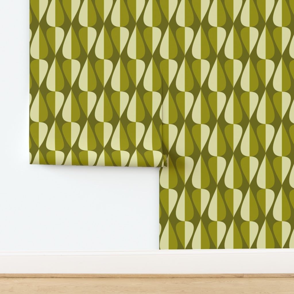 Peel & Stick Wallpaper 3ft x 2ft - Green Retro Spades Mid Century Modern Vintage Cool 70S 60S Avocado Hourglass Teardrop Oval Custom Removable Wallpaper by Spoonflower