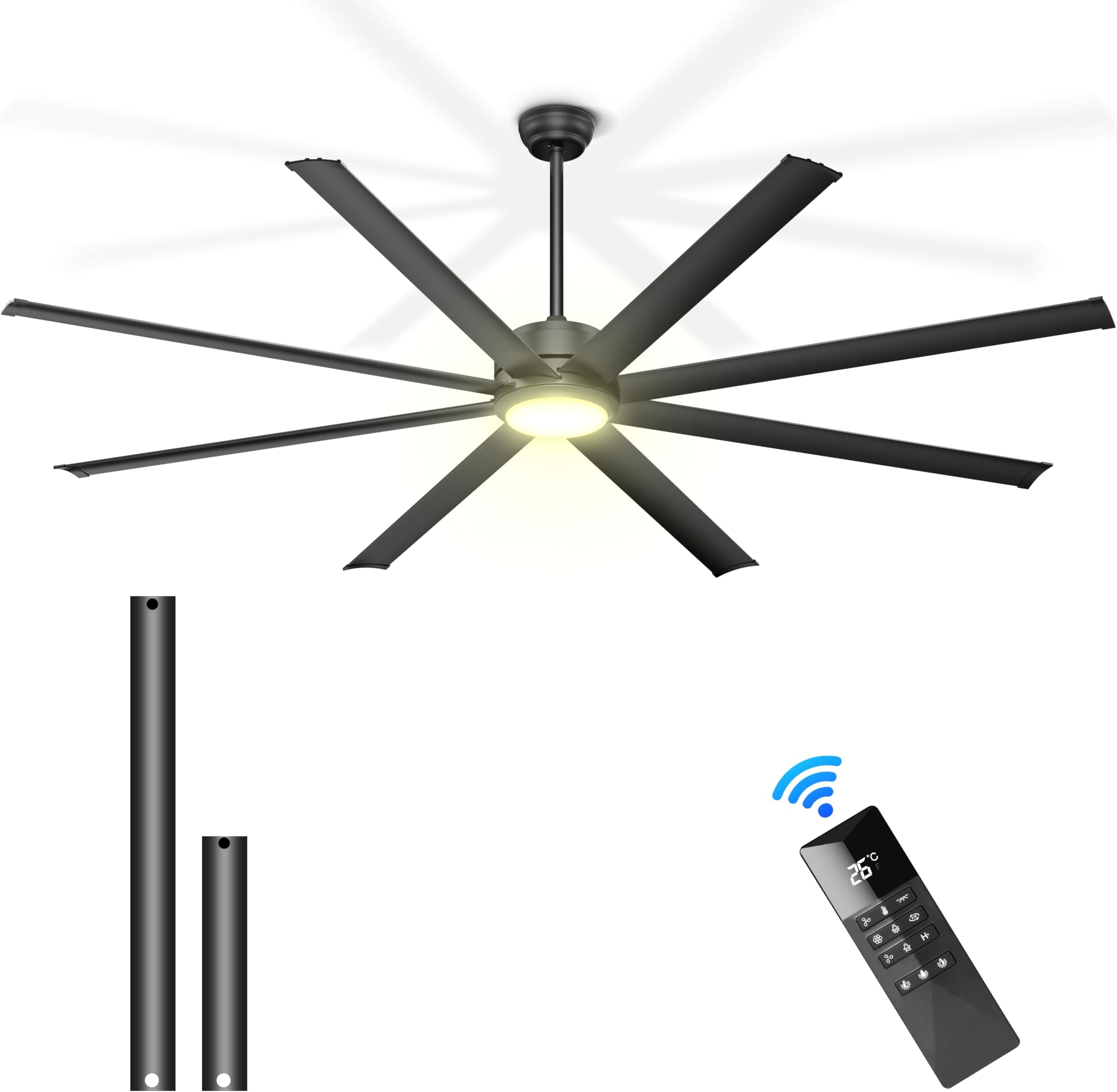 Industrial Ceiling Fans with Lights, Dimmable Ceiling Fan with Digital Display Remote Control, 84" Ceiling Fan for Outdoor Patio Shop, Black