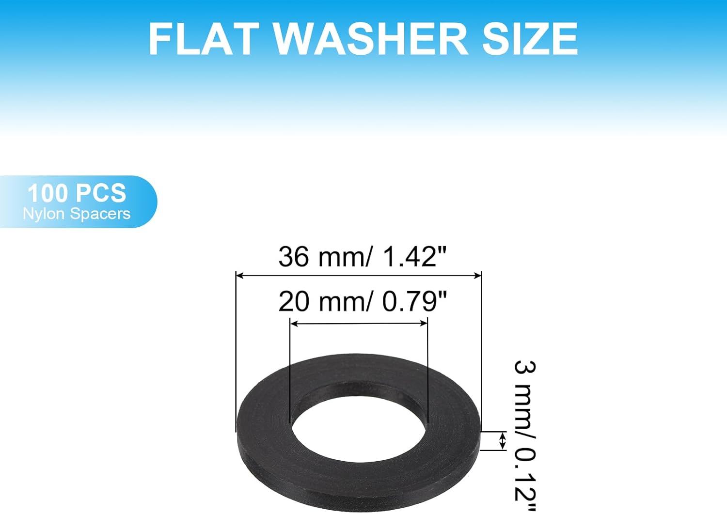 PATIKIL Nylon Flat Washers, 100 Pieces 0.79" ID 1.42" OD 0.12" Thickness Plastic Seal Gaskets Ring Flat Spacer for Sealing Plumbing Faucet Hose, Black