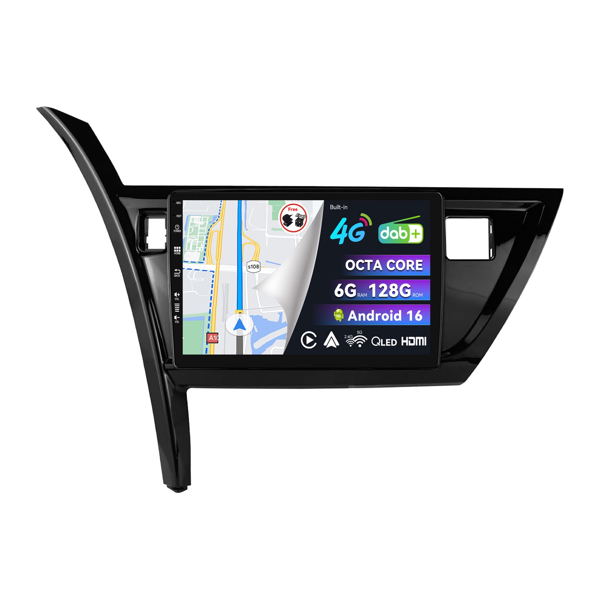 [Eingebaut 4G DAB]- 6G+128G - Autoradio für Toyota Corolla Auris 2013-2016 - Android 16 Radio - Carplay/Android Auto - Kamera + MIC - 10.1 Zoll 2 Din 8-Core - Lenkradsteuerung HDMI 360-CAM