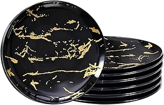 6-Piece Black Marble Ceramic Plates with Gold Rim, 8-Inch Dinner Plates Set, Oven & Microwave Safe, Dishwasher Safe, Elegant Appetizer, Salad, and Dessert Plates for Modern Dining