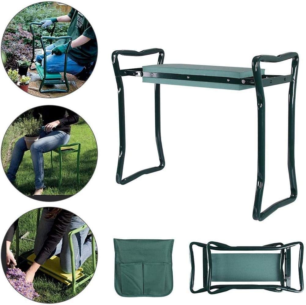 Sedile da Giardino Pieghevole 3in1 con Maniglie e Borsa per Attrezzi Sedile Imbottito, salvaspazio, sedili da Lavoro da Giardinaggio, Verde