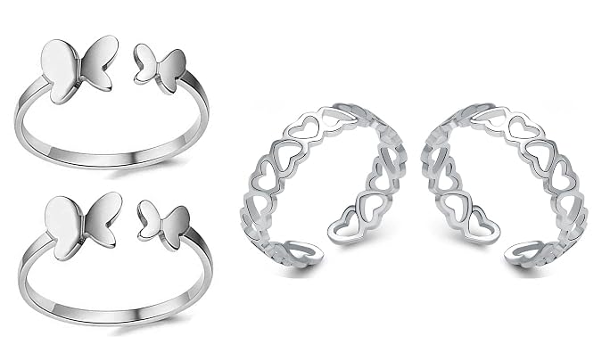 Okos Rhodium Plated Fashion Jewellery Combo Of 2 Delicate Fluttering Butterfly And Connectinh Hearts Alloy Toe Rings For Girls And Women CO1000391