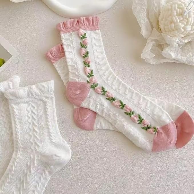 Image of 4 /5 Pack Cute Womens Floral Socks, Cotton Vintage Embroidered Casual Crew Socks, Girly Cottagecore Tulip Dress Socks