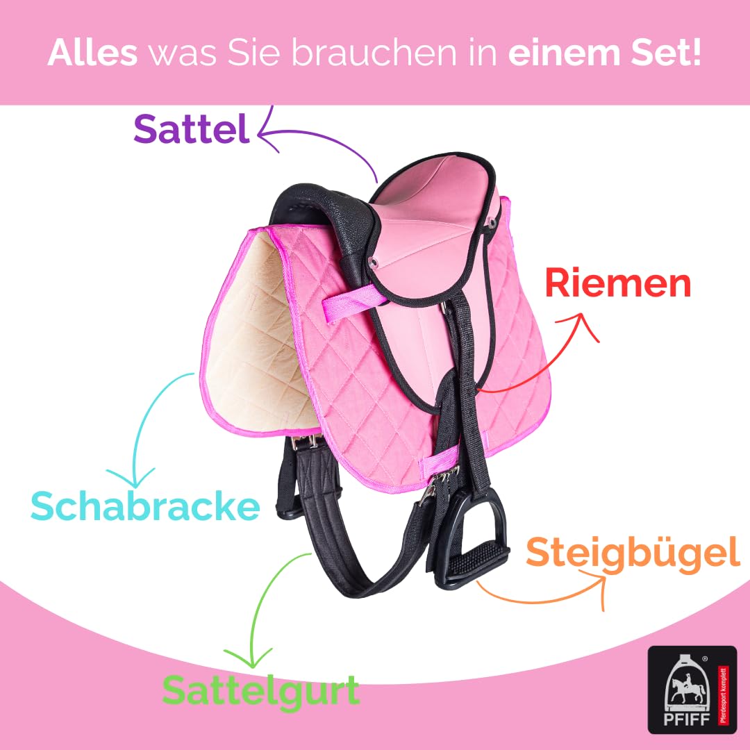 PFIFF 103122 Kinder Sattelset für Holzpferde, Reitset, Sattel und Trense für Spielpferde, Pink/Rose, MS