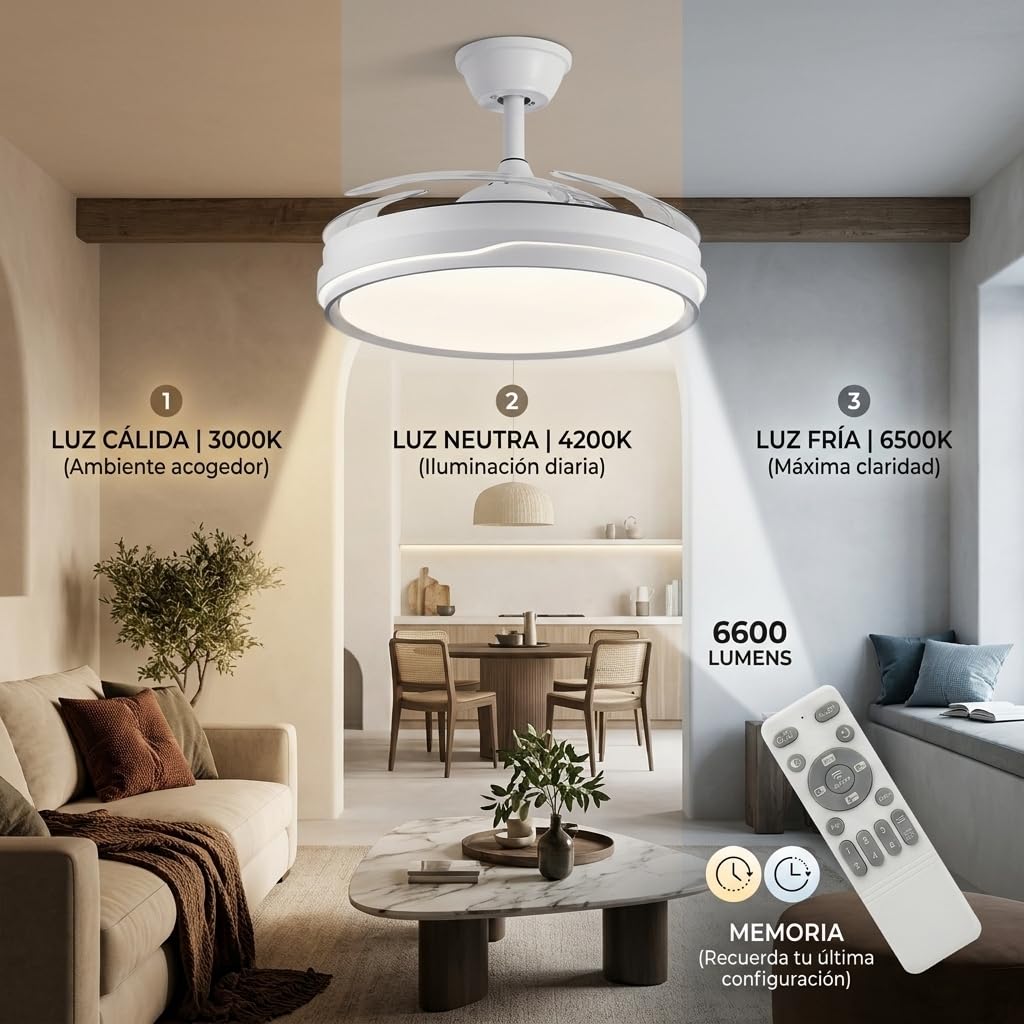 Ventilador de Techo Retráctil con Luz LED 70W, Motor DC 30W Silencioso, 107cm, 6 Velocidades, Luz Regulable con Memoria, Modo Noche, Temporizador 2H/4H, Reversible, con Mando (Raya Clásica)