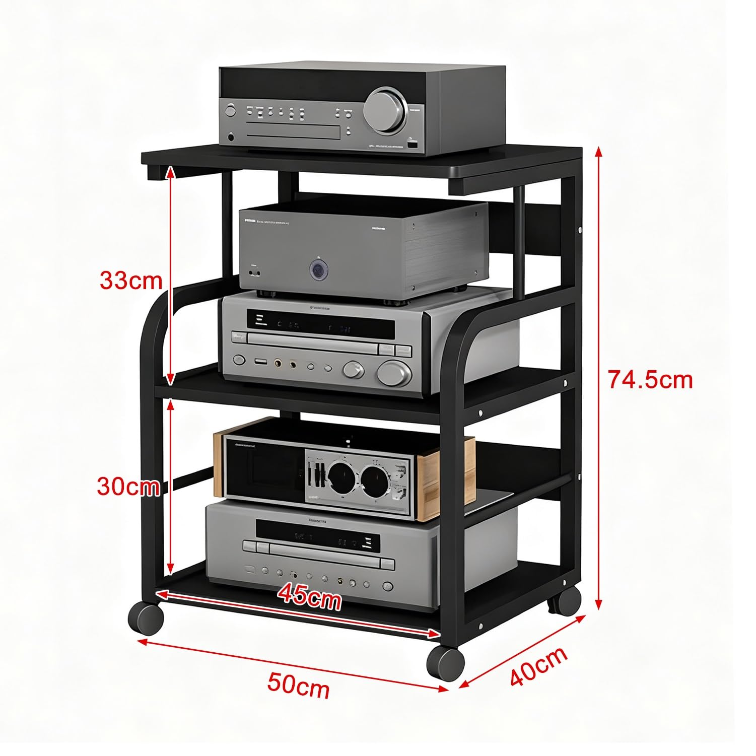 Stojak na sprzęt audio z 3 poziomami, stojak na sprzęt HiFi z kółkami i drewnianymi półkami, ruchoma wieża pod sprzęt audio-wideo do systemów stereo i kin domowych (naturalny) (kolor tekowy 50x40