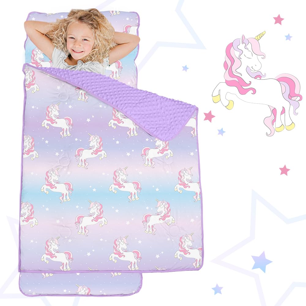 Toddler Nap Mat with Pillow and Minky Blanket, Large 55"x35" Sleeping Bag, Washable, Lightweight, Easy to Roll, Perfect for Preschool, Daycare, Kindergarten, Travel, Boys and Girls