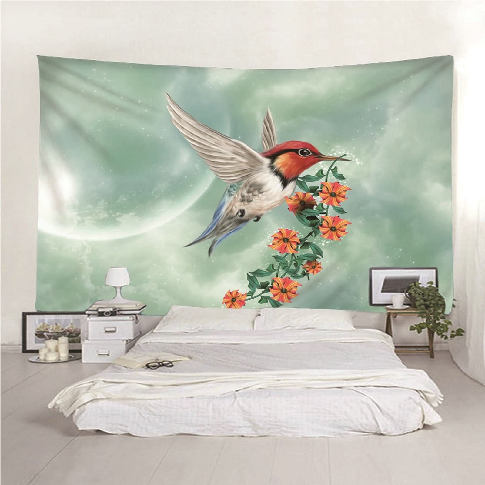 Aotiwe Dekoracja ścienna dla mężczyzn, dekoracje do sypialni ptak z kwiatami poliester zielony pomarańczowy 150 x 130 cm do wnętrz