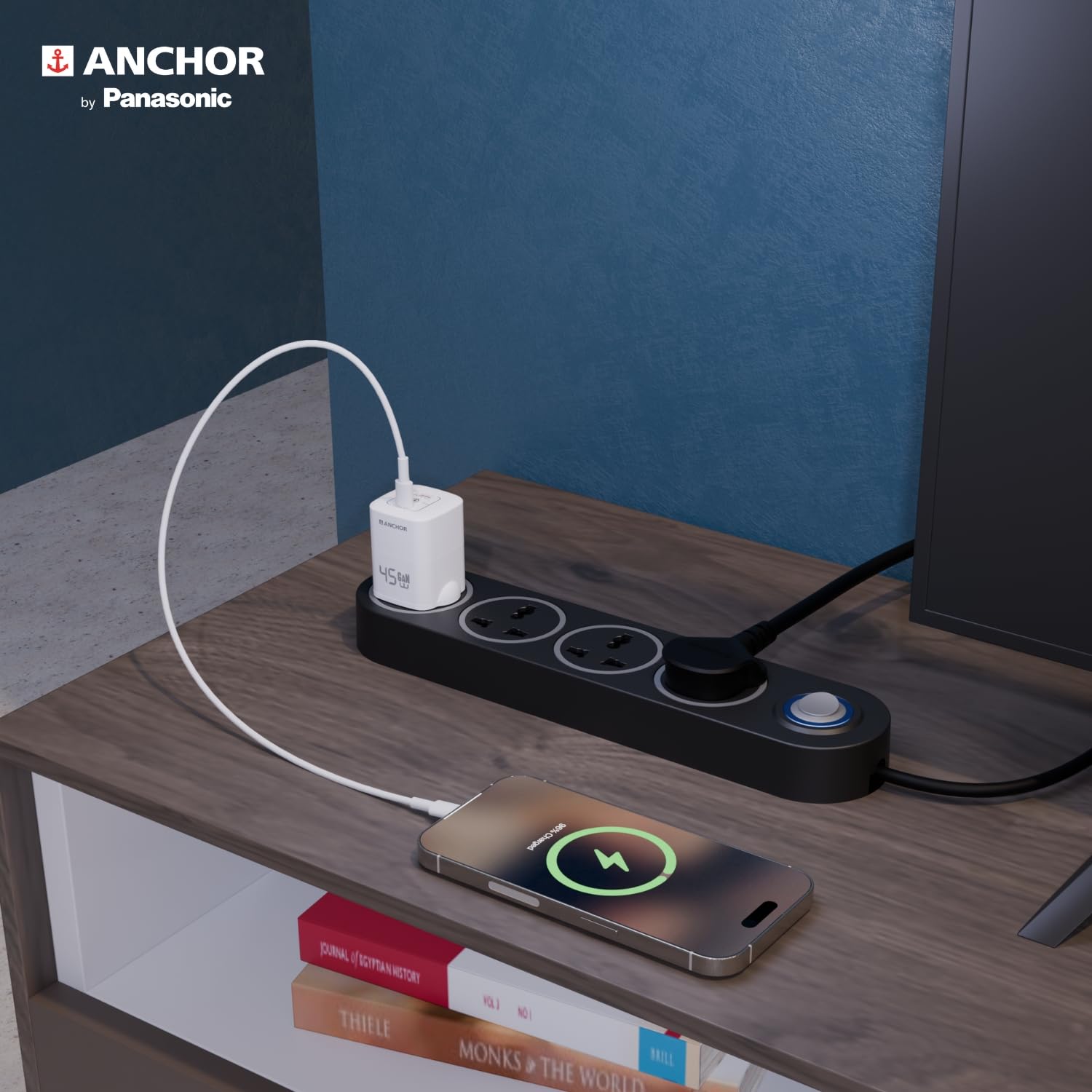 Anchor by Panasonic 4 Universal Socket Extension Board, 6A Spike Guard with 2-Meter Heavy Duty Cord for Home and Office Usage, 4 Way Power Strip with LED Indicator, Matt Finish 4