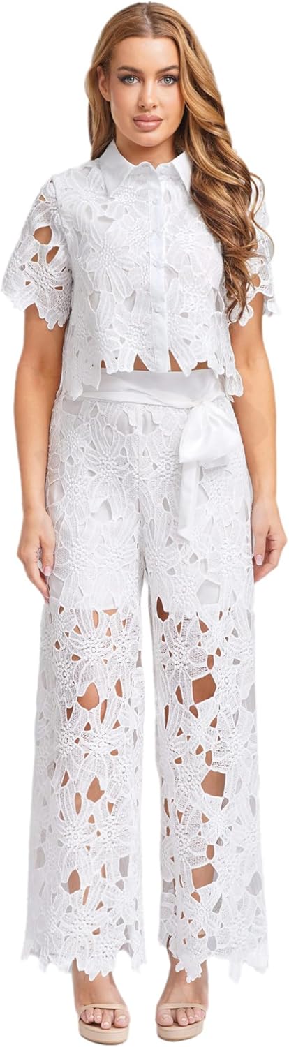 TiaoBug 2 Piece Sets for Women Casual Party Summer Outfits Short Sleeve Tops with Wide Leg Pants Suit