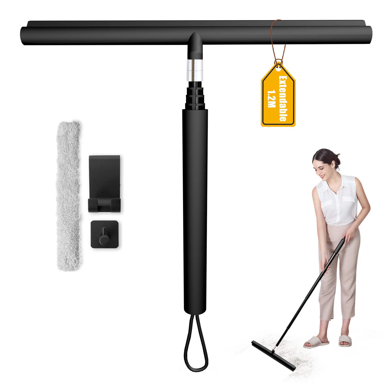 Tergivetro per Doccia, Retrattile 30-120cm Tergivetro da Bagno, Retrattile Lavavetri Doccia, Tira Acqua da Doccia con Gancio, Tergidoccia(Nero)