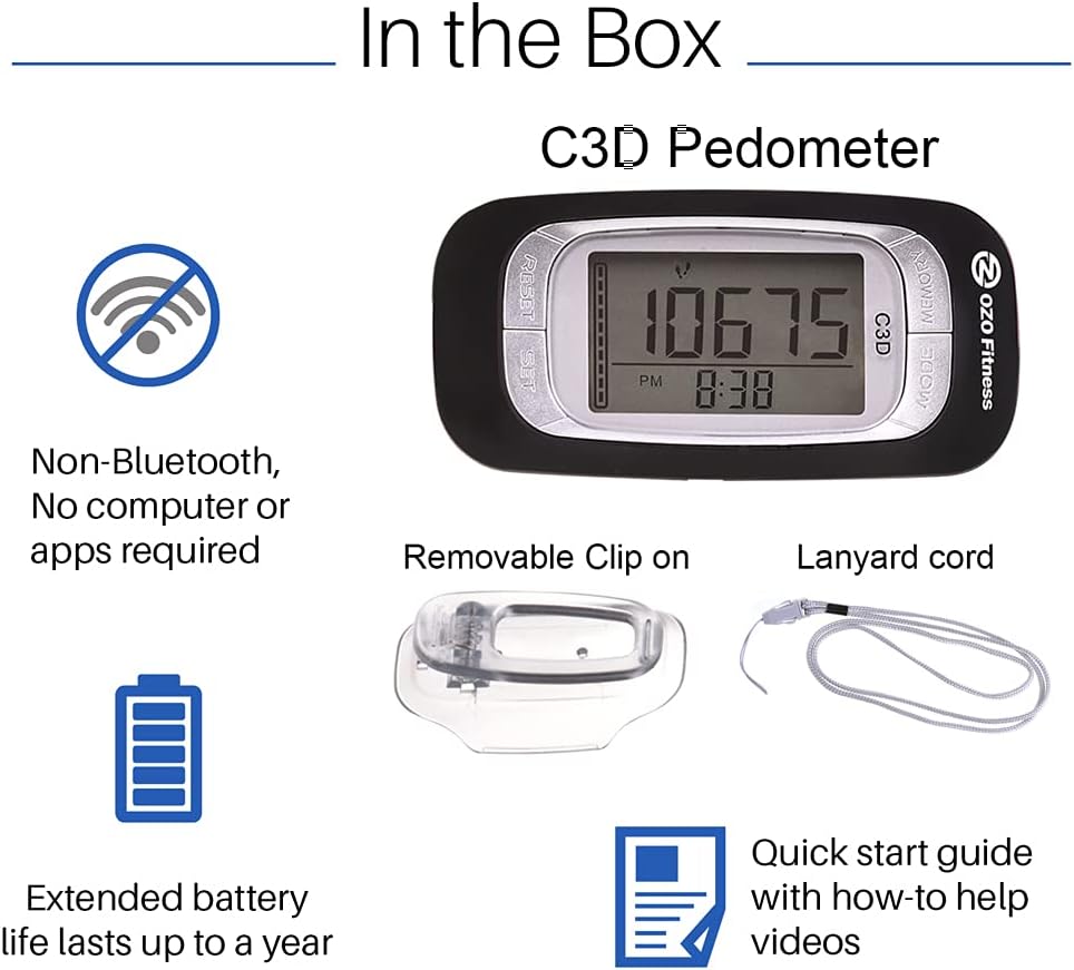 C3D Pedometer for Walking | Track Steps & Miles, Calories & Activity Time. Clip on Step Counter for Women, Men & Kids. OZO Fitness (Black) : Sports & Outdoors
