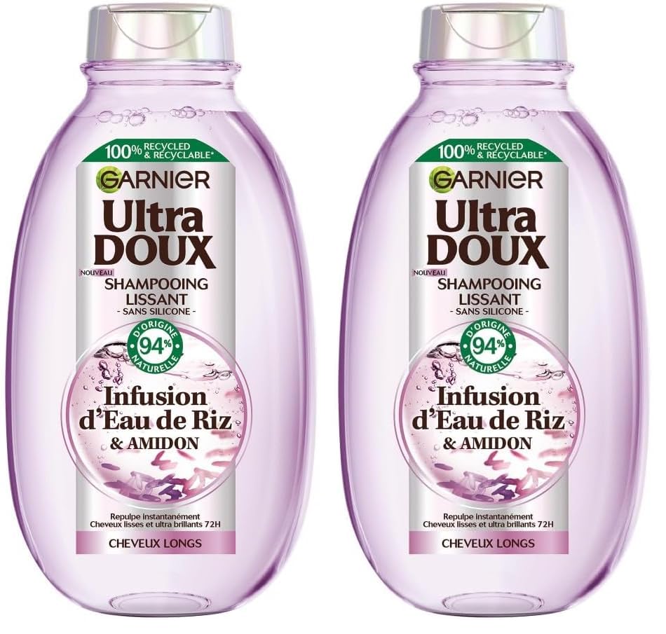 Garnier Ultra Doux - Shampooing Lissant Douceur & Brillance à l'Infusion d'Eau de Riz - Cheveux Rebelles et Indisciplinés - 250 ml (Lot de 2)