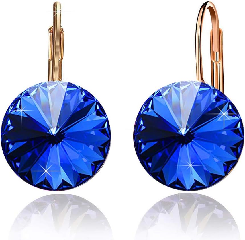 Round Austrian Crystal Drop Leverback Earrings for Women 14K Gold Plated Hypoallergenic Earrings