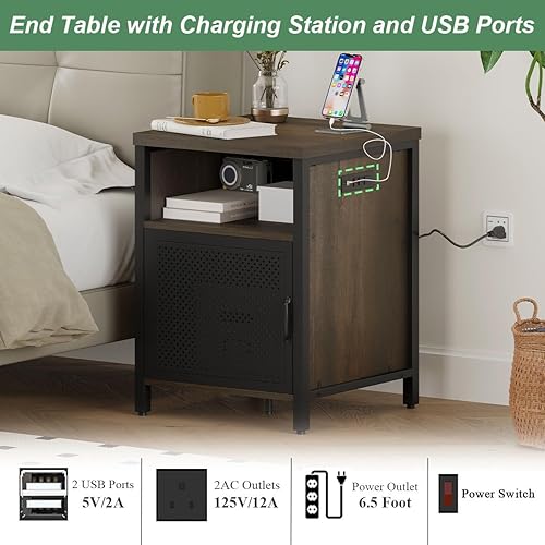 Miniatura 4 de FATORRI Mesa auxiliar con almacenamiento, mesa auxiliar rústica para sala de estar, mesitas de noche estrechas de madera y metal con puerta (marrón