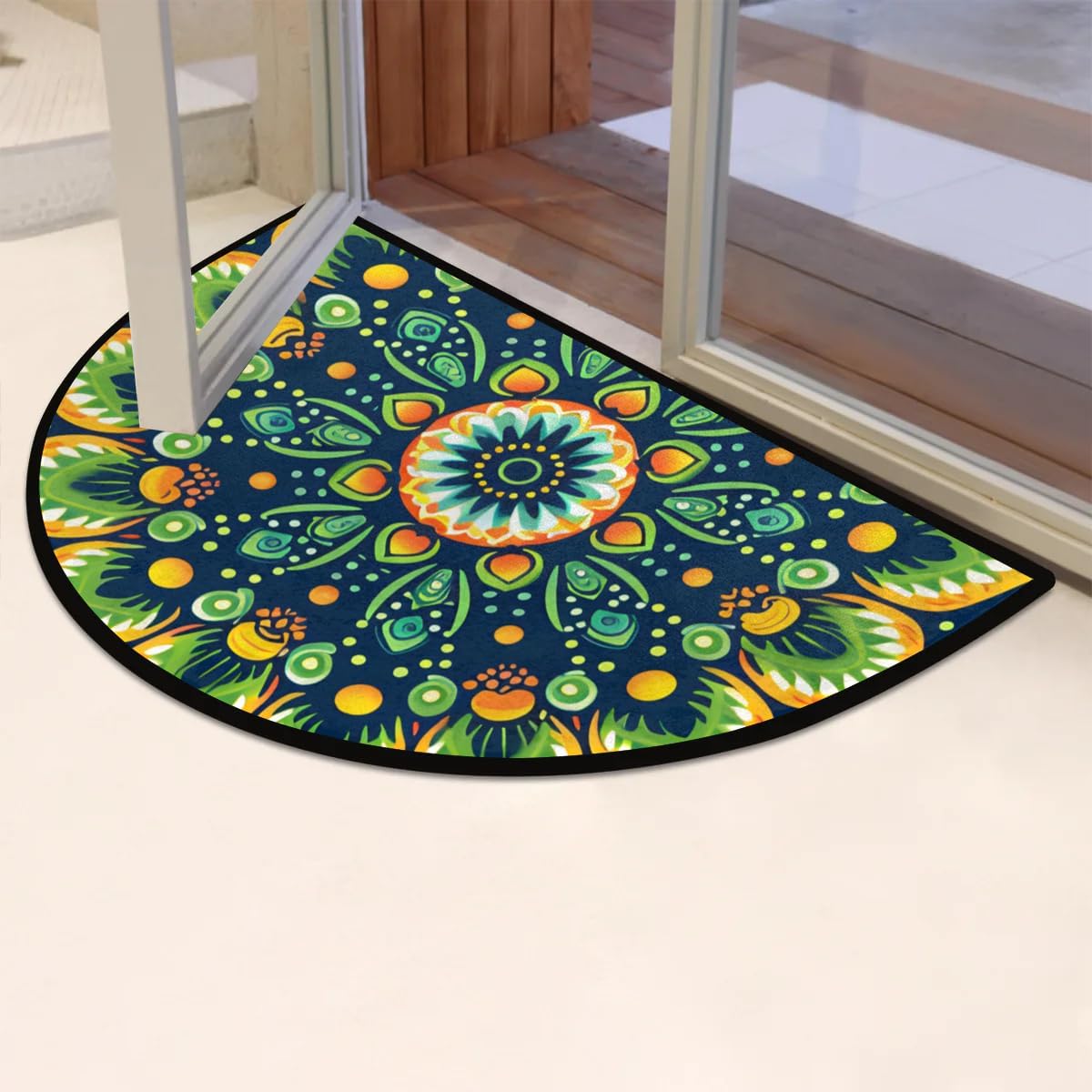 cfpolar Half Round Door Mat Ethnic Teal Mandala Green Non-Slip Semi Circle Area Rug Washable Half Moon Hearth Rugs for Indoor Outdoor Bathroom Kitchen Patio Runner Mat Laundry Room Home Decoration