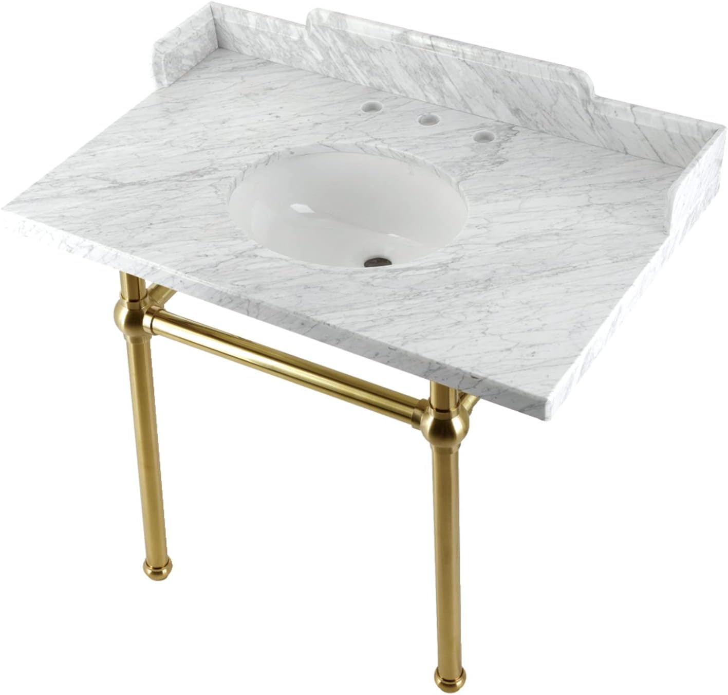 Kingston Brass LMS3630MB7 Pemberton 36" Carrara Marble Console Sink with Brass Legs, Marble White/Brushed Brass