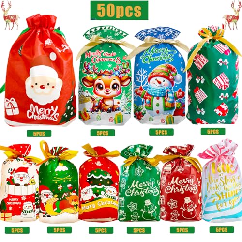 50pcs Christmas Drawstring Gift Wrap Bags Set Drawstring Xmas Wrapping Bag Xmas Gift Wrap Bag Small Medium Assorted 10 Designs 3 Sizes & About 50pcs Heat Sealable Christmas Bags - Image 3