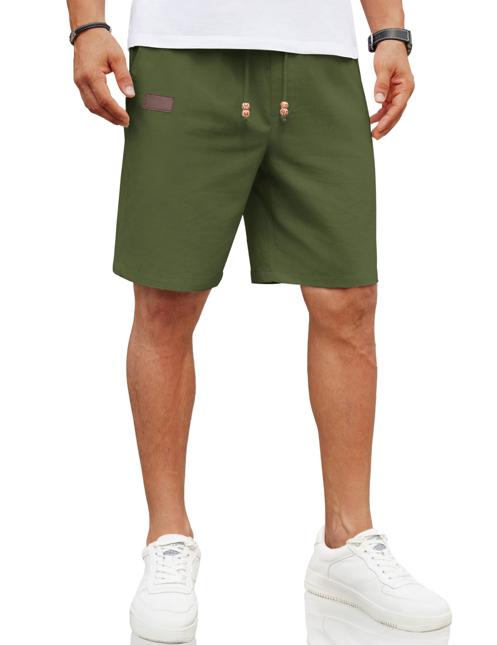 COOFANDY Herren Leinen Shorts mit Gummizug Leinenhose Kurze Sommerhose Leinen Hose Männer leinenshorts Freizeithose Strandshorts mit Taschen Grün L