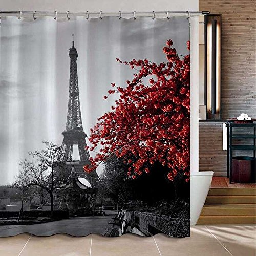 Uphome 72 X 78 Inch Waterproof Grey Paris Eiffel Tower Custom Bathroom Shower Curtain - Cityscape Red Flower Polyester Fabric Bathroom Curtain Ideas