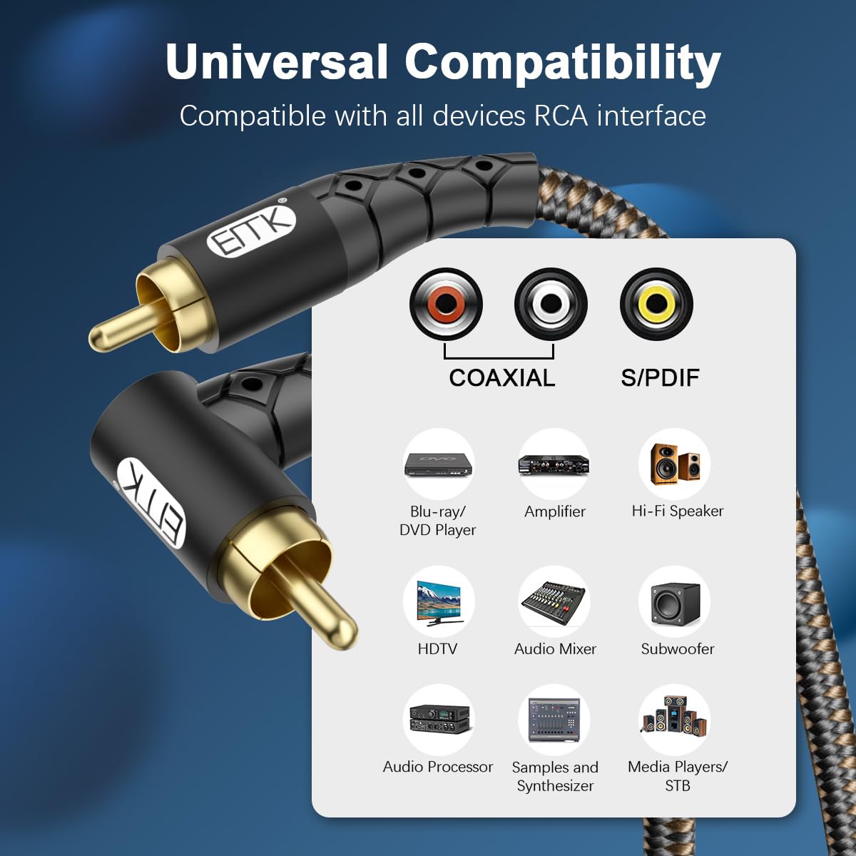 EMK Cavo subwoofer RCA a 90 gradi, connettore placcato oro 24 K, in nylon intrecciato, doppia schermatura, supporta segnali digitali e analogici per amplificatore, home theater, sistema Hi-Fi