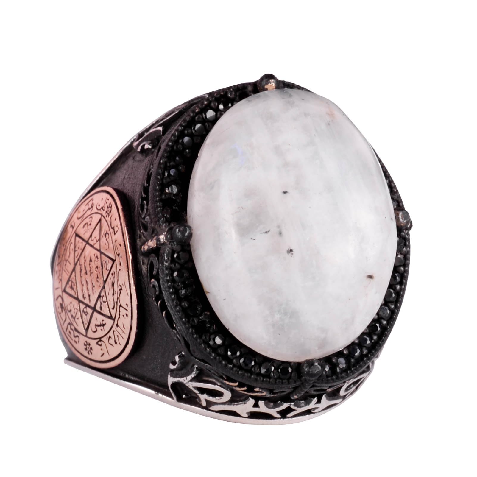 KAMBO Siegel des Salomon Ring, Mondstein Edelstein Ring - Mystischer 925K Massiver Sterling Silber Herrenring - Mondstrahlung Design, Silberedelstein, Mondstein, Silberner Edelstein, Mondstein