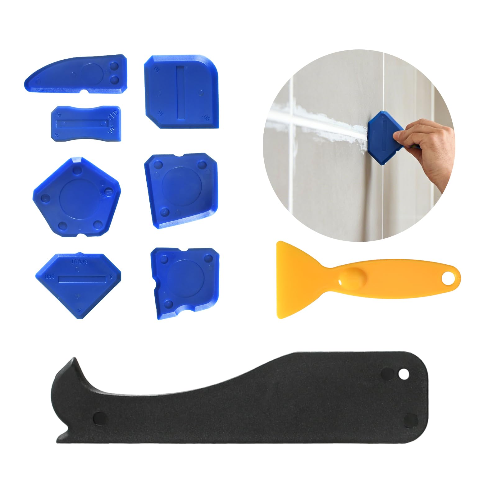 Set 18 Pezzi per Fughe in Silicone, Raschietto e Spatola, Piastre per Fughe e Ugelli Sigillanti