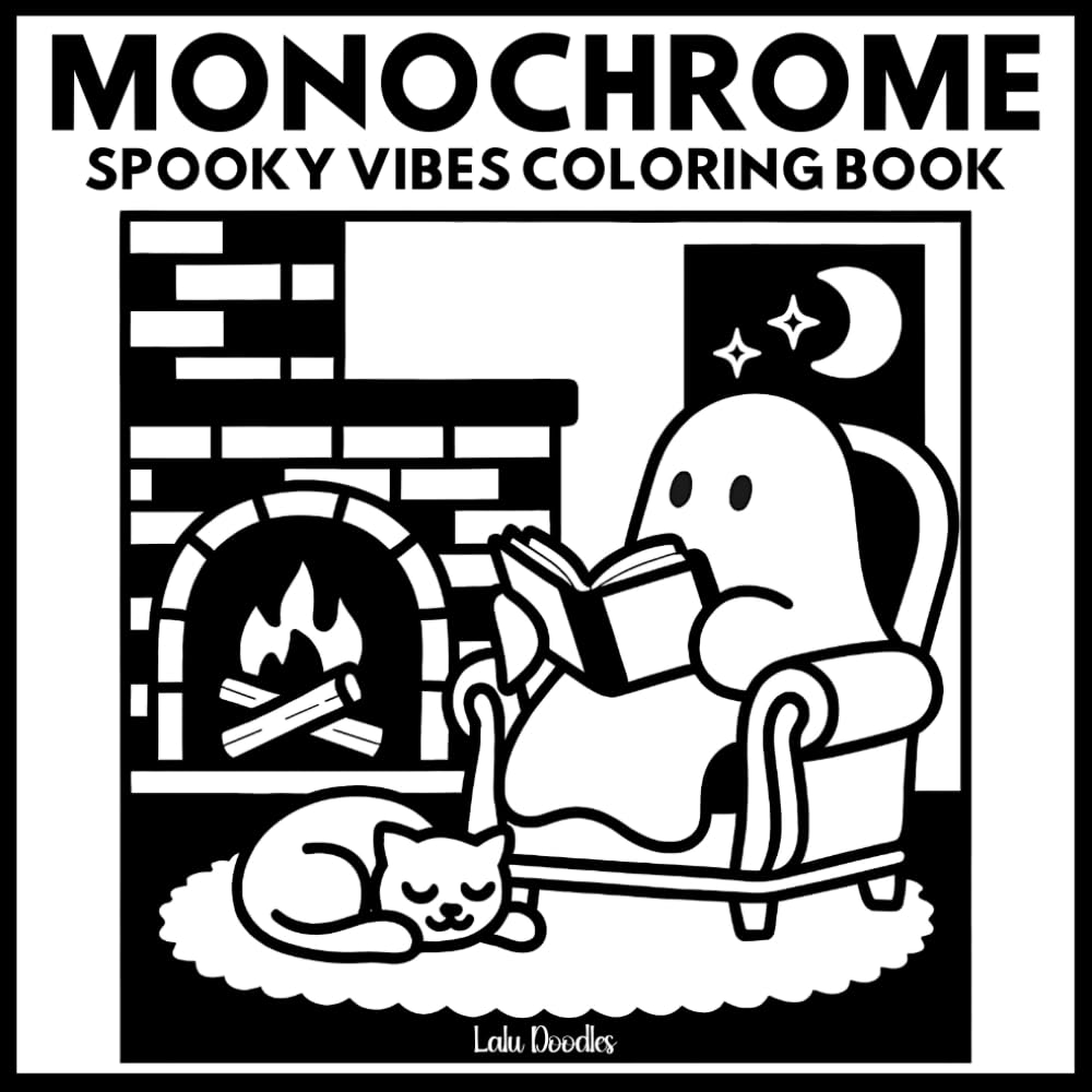Monochrome Spooky Vibes: Cute & Spooky Halloween Coloring Book – Cozy One Black Pen Designs for Adults and Kids for Fun and Stress Relief