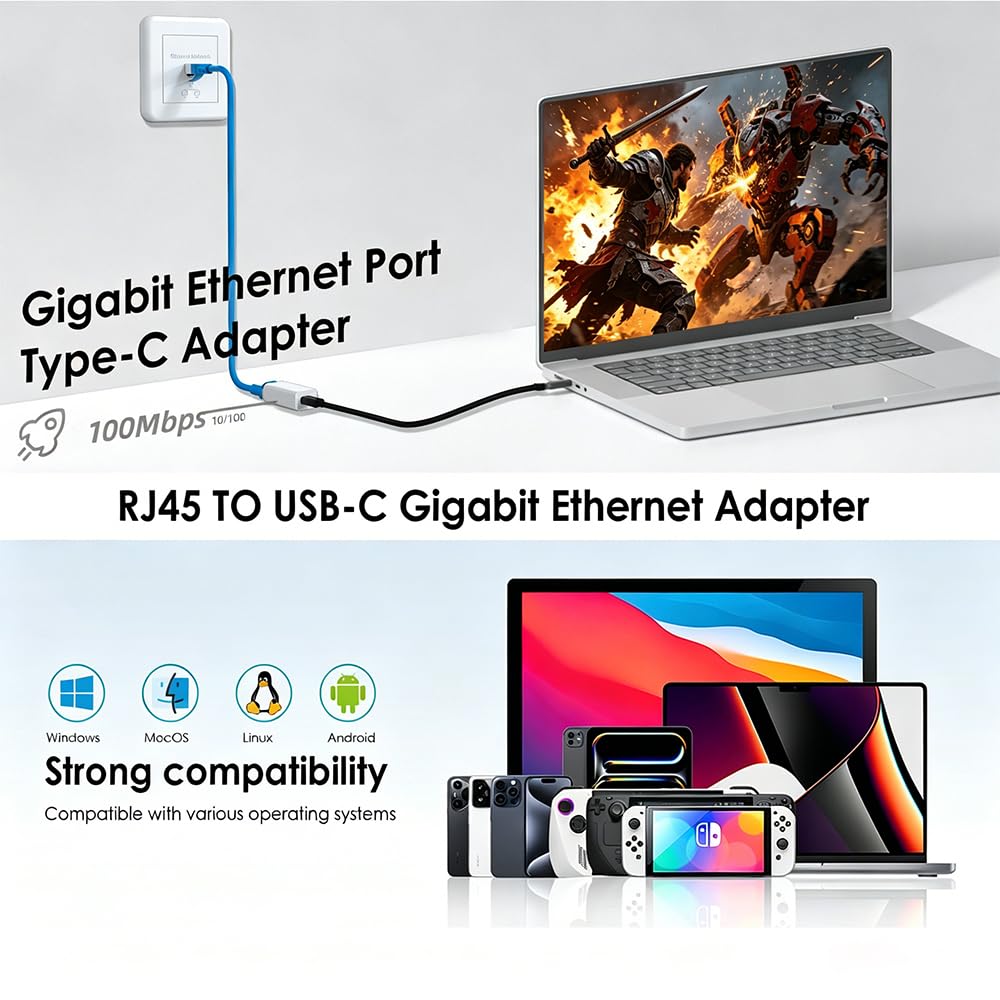 Adattatore Ethernet da USB C a RJ45, convertitore LAN di rete Gigabit 1000 Mbps, USB-C femmina a RJ45 femmina, hub Ethernet cablato per laptop, PC, tablet, bianco