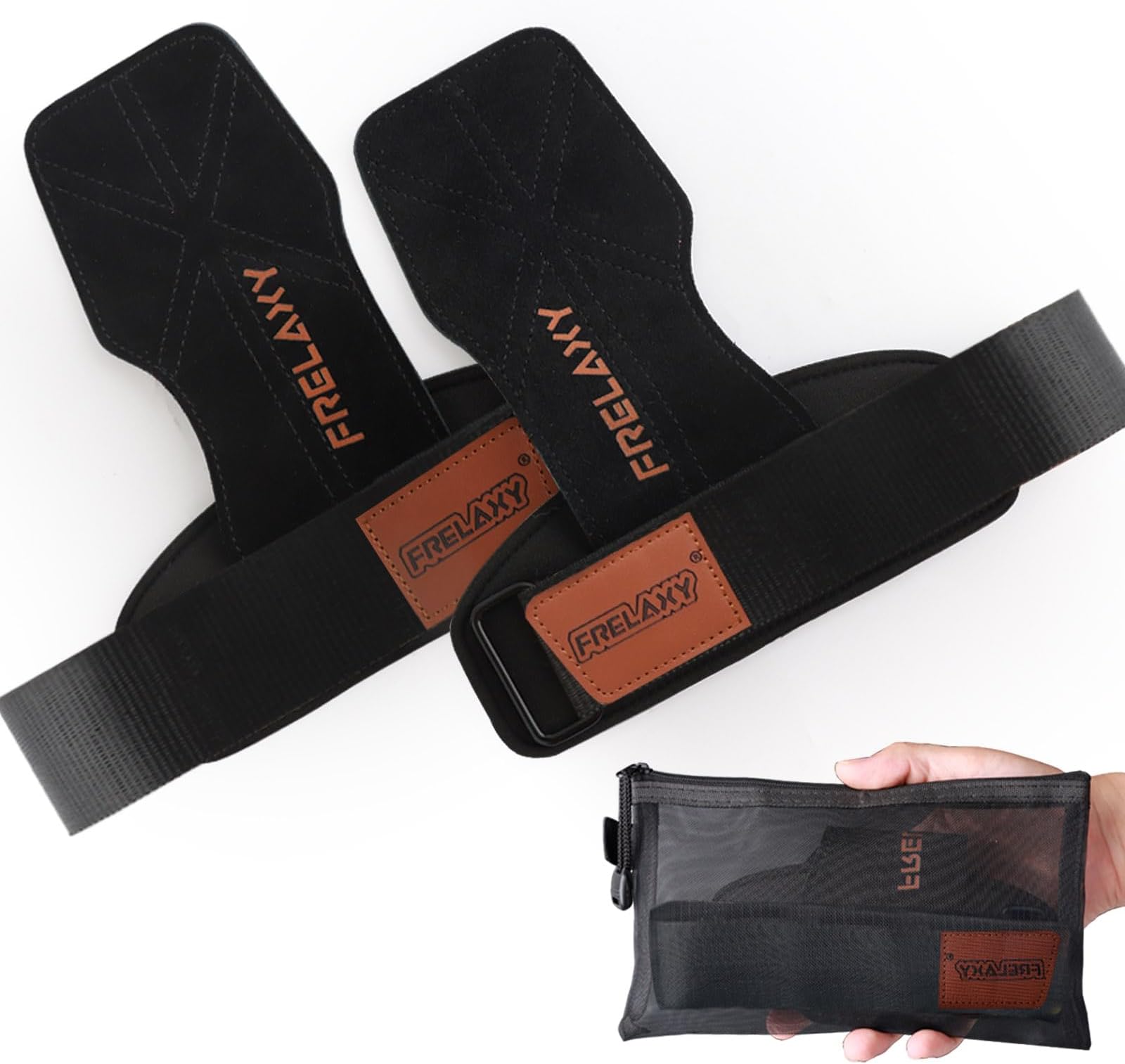 Frelaxylifting Grips Women and Men, Weight lifting Wrist Straps with Cushion Wrist Loop, Double Layer Leather, and Storage Pouch, Gym Gloves for Deadlift and Powerlifting