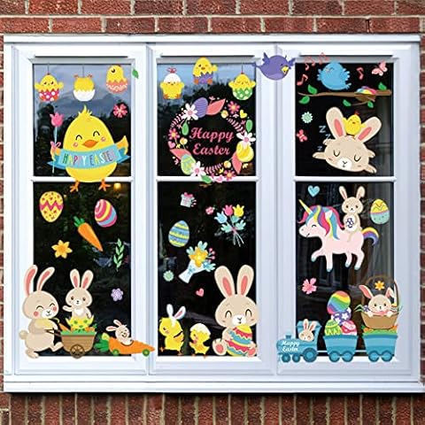 Giiffu 147 PCS Easter Window Cling, 6 Sheets Easter Bunny Window Stickers PVC Static Stickers with Rabbit, Eggs, Carrot, Egg Basket, Flower Wreath, for Home Office Shop Window Easter Decoration Cover