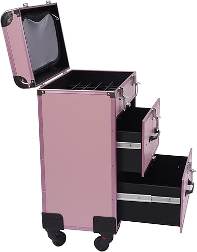 Miniatura 9 de Maletín de maquillaje rodante con 4 ruedas universales, carrito grande para cosméticos con cerraduras, bolsa de maquillaje con divisores,