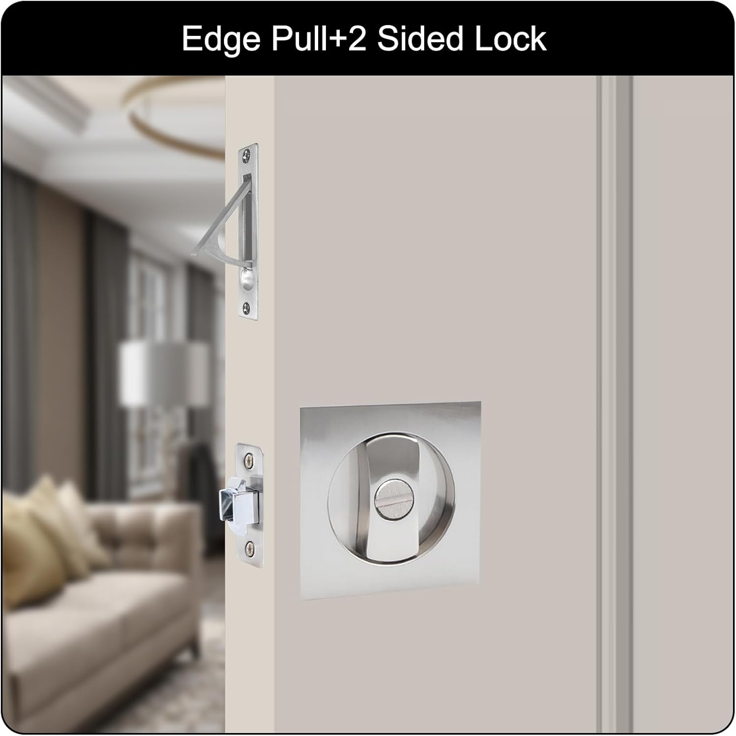 Pocket Door Lock with Edge Pull,Privacy Door Hardware Suitable for Bathroom Bedroom etc Recessed 2 Sided, 2 3/8" Backset, Invisible Hardware for 1 3/8” to 2 3/16” Thickness Door (Sliver+Edge Pull)
