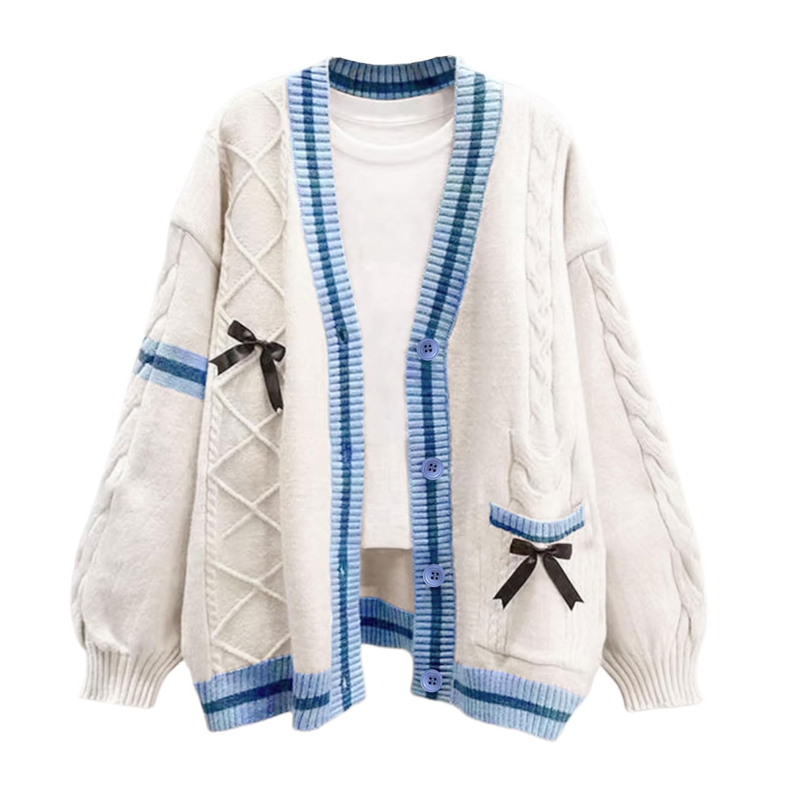 ebossy Womens Kawaii Cute Bowknot Cable Knit Cardigans Sheep V Neck Button Down Slouchy Preppy Wool Blend Sweater