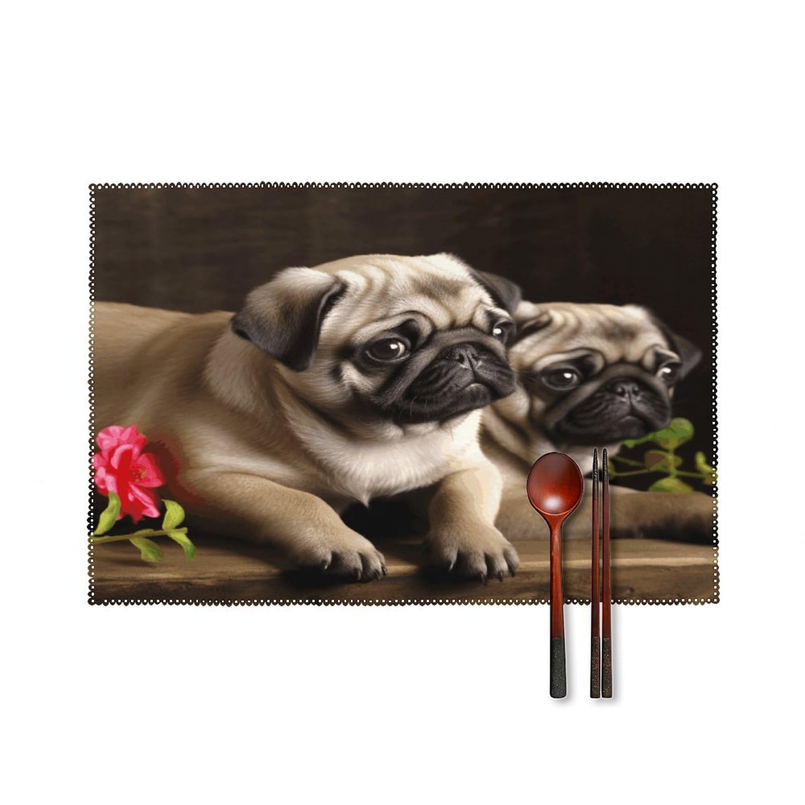 Puppys Pug Placemats Set of 4 Heat Resistant Non-Slip Place Mats Reusable Dining Table Mats Canvas Place Mat Anti-Fading Waterproof Placemats for Dining Table Decor