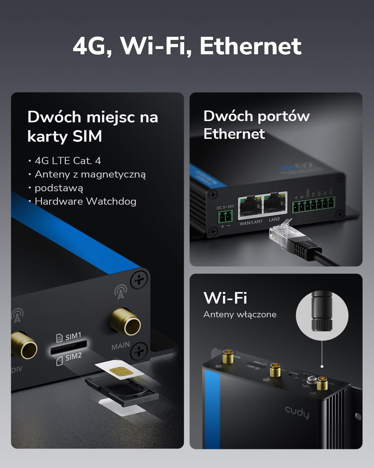 Cudy Przemysłowy router WiFi 4G LTE Cat4 N150, Dual SIM router komórkowy z RS232/RS485 i IO, szeroka temperatura -40~75°C, metal IP30, do automatów sprzedających, bankomatów, sklepów, urządzeń IoT