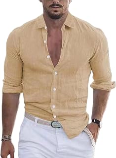 Camisa de algodón y lino para hombre, casual, con solapa, manga larga, color liso, para vacaciones