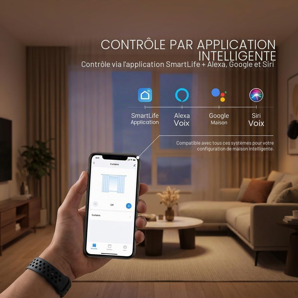 Quoya Rail de rideau électrique intelligent QL600, moteur motorisé, longueur réglable jusqu'à 3 m, compatible Alexa, Google, Siri, Apple Watch (supports muraux non inclus)