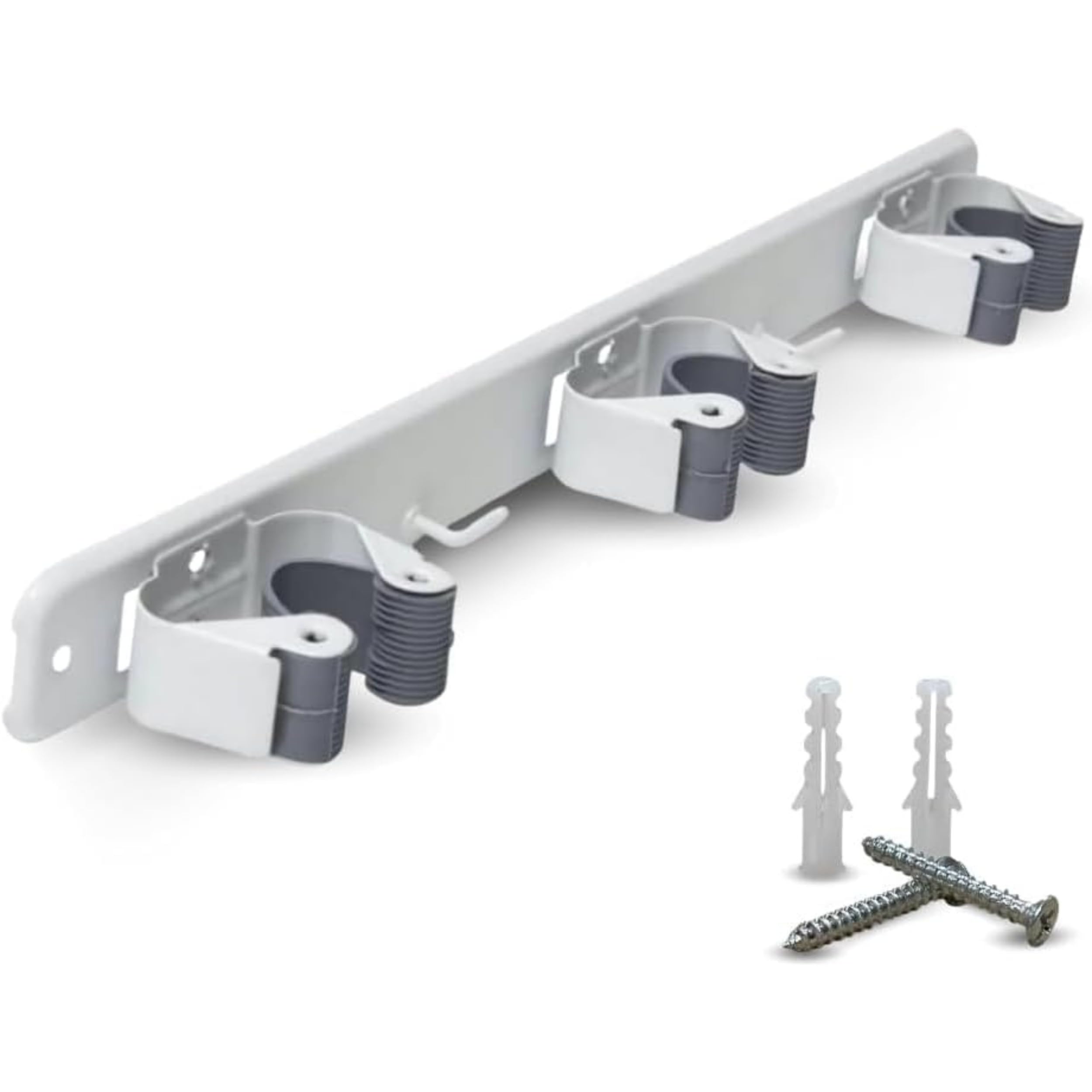PARENCE.- Supporto da Parete a Triplo avvitamento per Scopa e Accessori - Gancio per Scopa 3 Supporti + 2 Ganci - 37cm