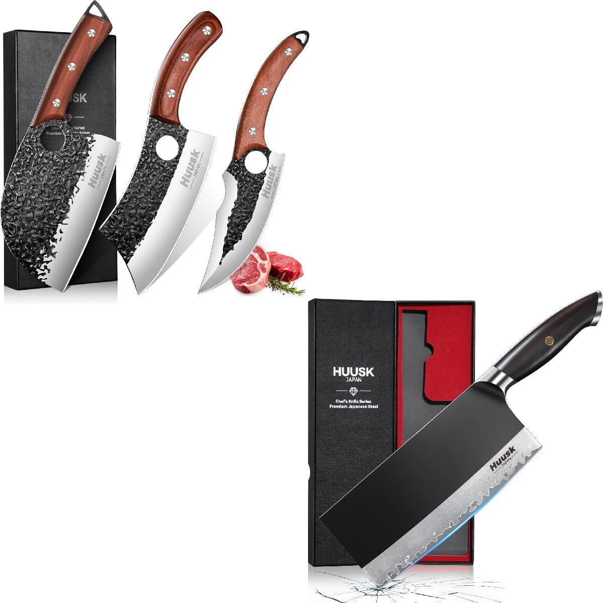 Huusk Butcher Knife Set Hand Forged Serbian Chef Knife Viking Boning Knife Cleaver 4PCS Kitchen Knife Set for Meat Cutting Home & Outdoor Cooking BBQ Knives Gift for Men