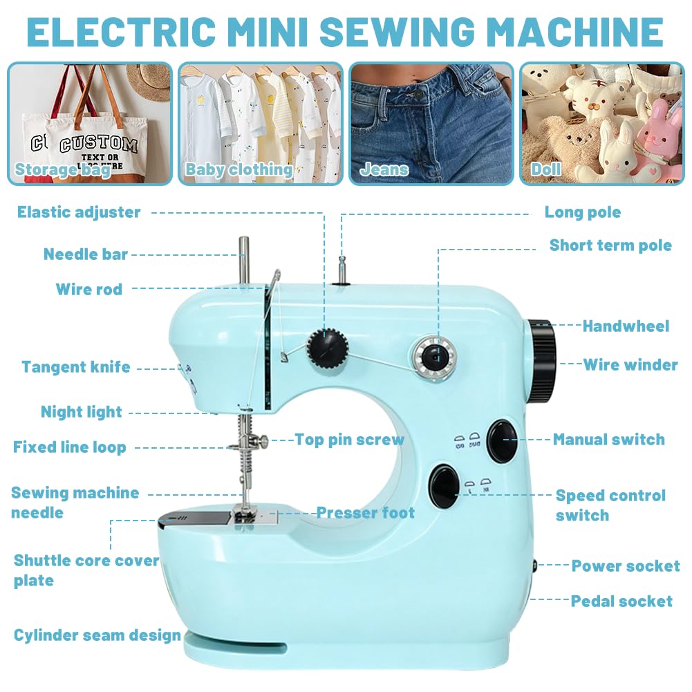 Mini Macchina da Cucire per Bambini, Portatile a Doppia Velocità con Tavolo di Espansione e Luce, Facile da Usare, Blu, Plastica