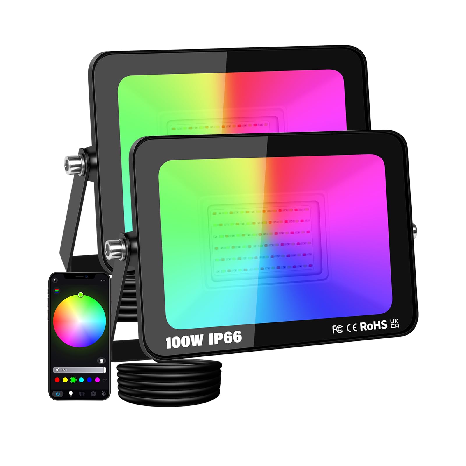 PICAA 100W Smart RGB LED Floodlight, 10000LM Outdoor +16 Million Colors, Wireless APP Control, Music Sync, Timer, Scene Modes