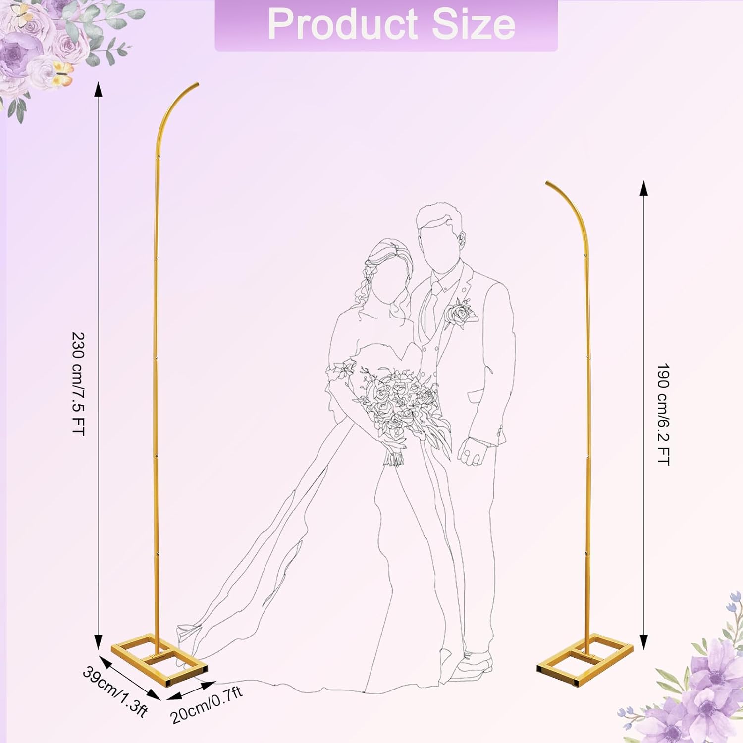 Wedding Arches Metal Arch Backdrop Stand Set of 2 Gold Curved Top Wedding Flower Arch Decorations,Balloon Arch Stand for Ceremony Birthday Baby Shower Anniversary Decoration(6.2FT&7.5FT)