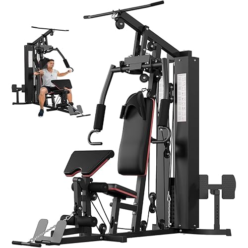 Multifunctional Home Gym Equipment - Full Body Workout Machine with 150LB Weight Stack, High/Low Pulley System, Leg Press & Butterfly Arms | Complete Strength Training Station for Home Use